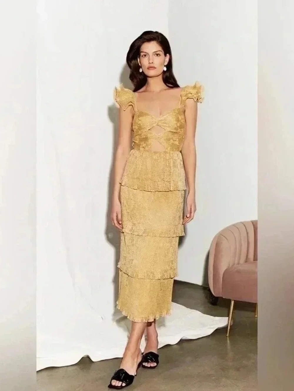 Saylor Soma Tiered Foil-Lace Midi Dress Small